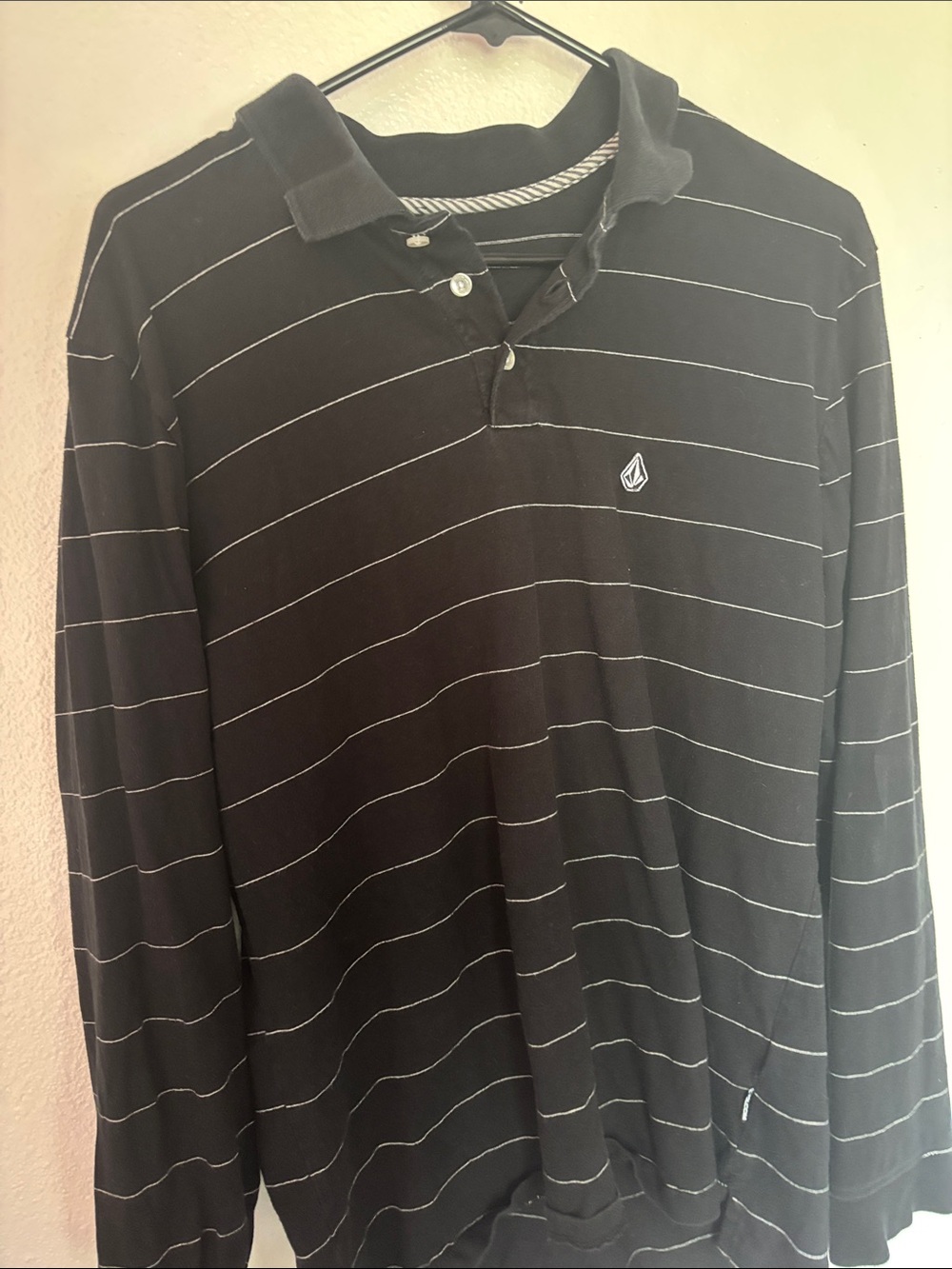 Volcom Black Long-Sleeve Polo with Thin White Stripes